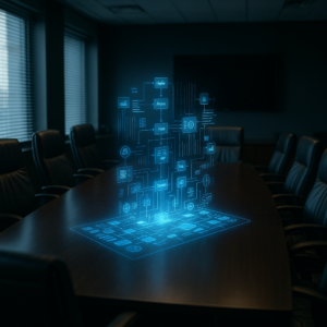 中小企業 AI 導入完整指南(2026):從流程盤點到實際應用的 5 個步驟 5 中小企業 AI 導入步驟情境:會議室桌上浮現 AI 流程示意